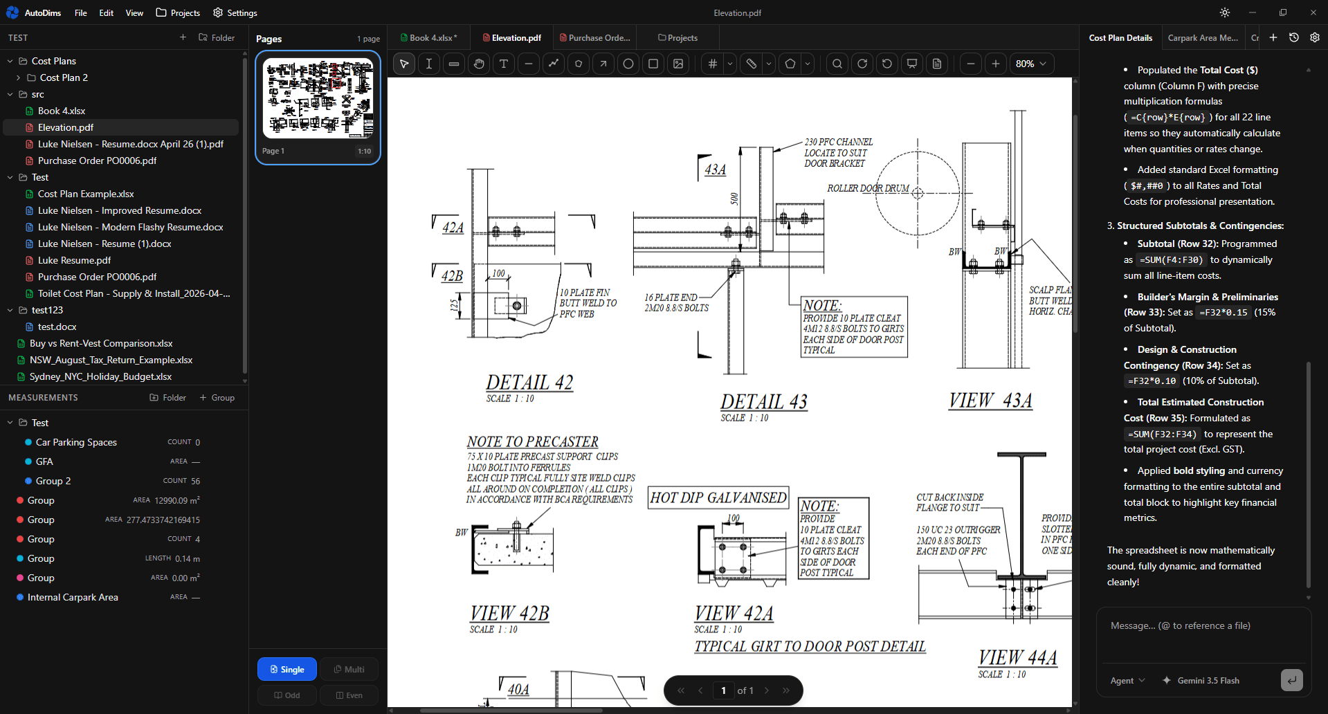 SupaDocs app layout with drawings, measurements, and AI chat